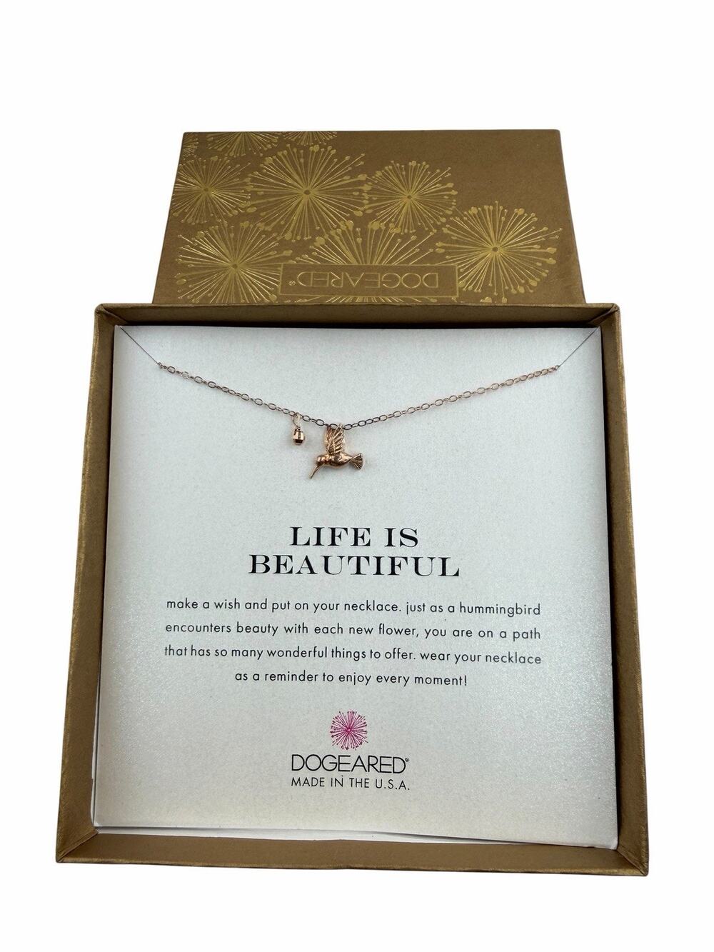 Dogeared Sterling Silver Rose Plated 18" Necklace Small Hummingbird in Box